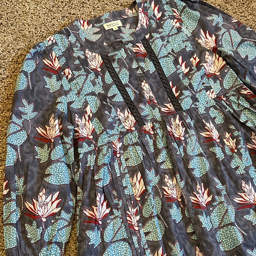 Shirt Dress Cotton Novica Waterlily Floral Knee length Long Sleeve Boho cottage
